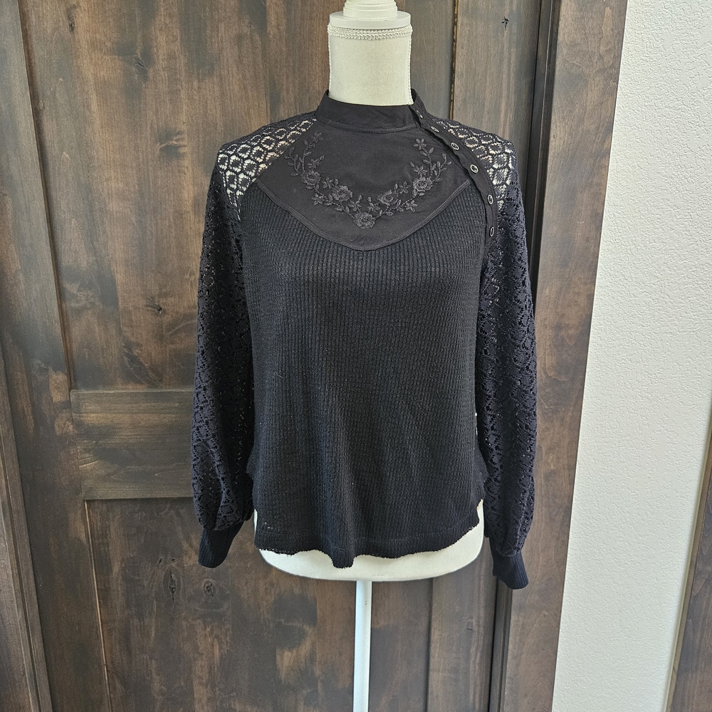 Free People Black Textured Lace Blouse